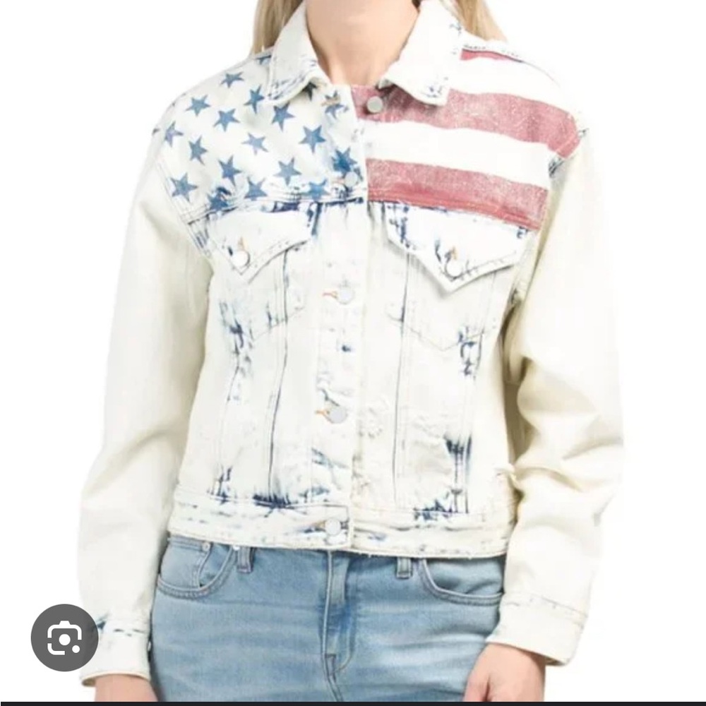 Blank NYC White Denim Jacket with Red & Blue American Flag Detail